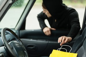 thief stealing shopping bag from the car